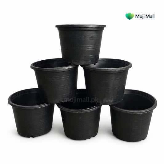 Five black plastic nursery pots stacked in a pyramid arrangement on a white background, with a Moji Mall logo in the top right corner.