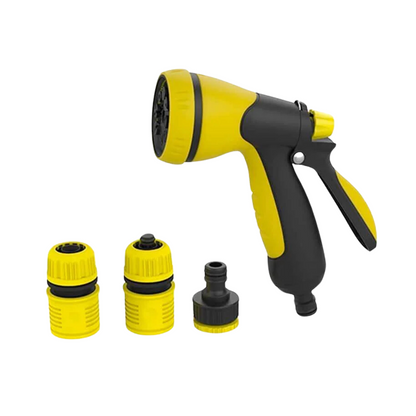 A set of yellow and black garden hose attachments including a spray gun and various connectors.