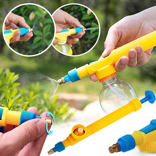 Yellow and blue garden hose nozzle being used to spray water on plants with close-up insets.