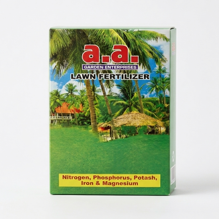 Lawn fertilizer package with palm trees and a hut on a white background