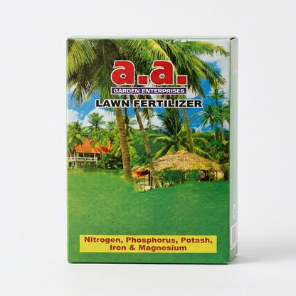 Lawn fertilizer package with palm trees and a hut on a white background