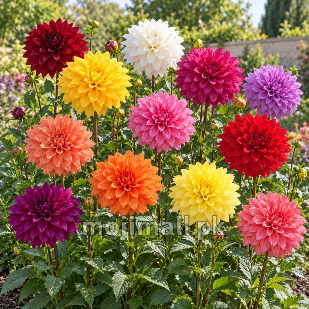 Burgundy, orange and pink double dahlias with layered petals appear in Moji Mall’s flower seed collection for Pakistan