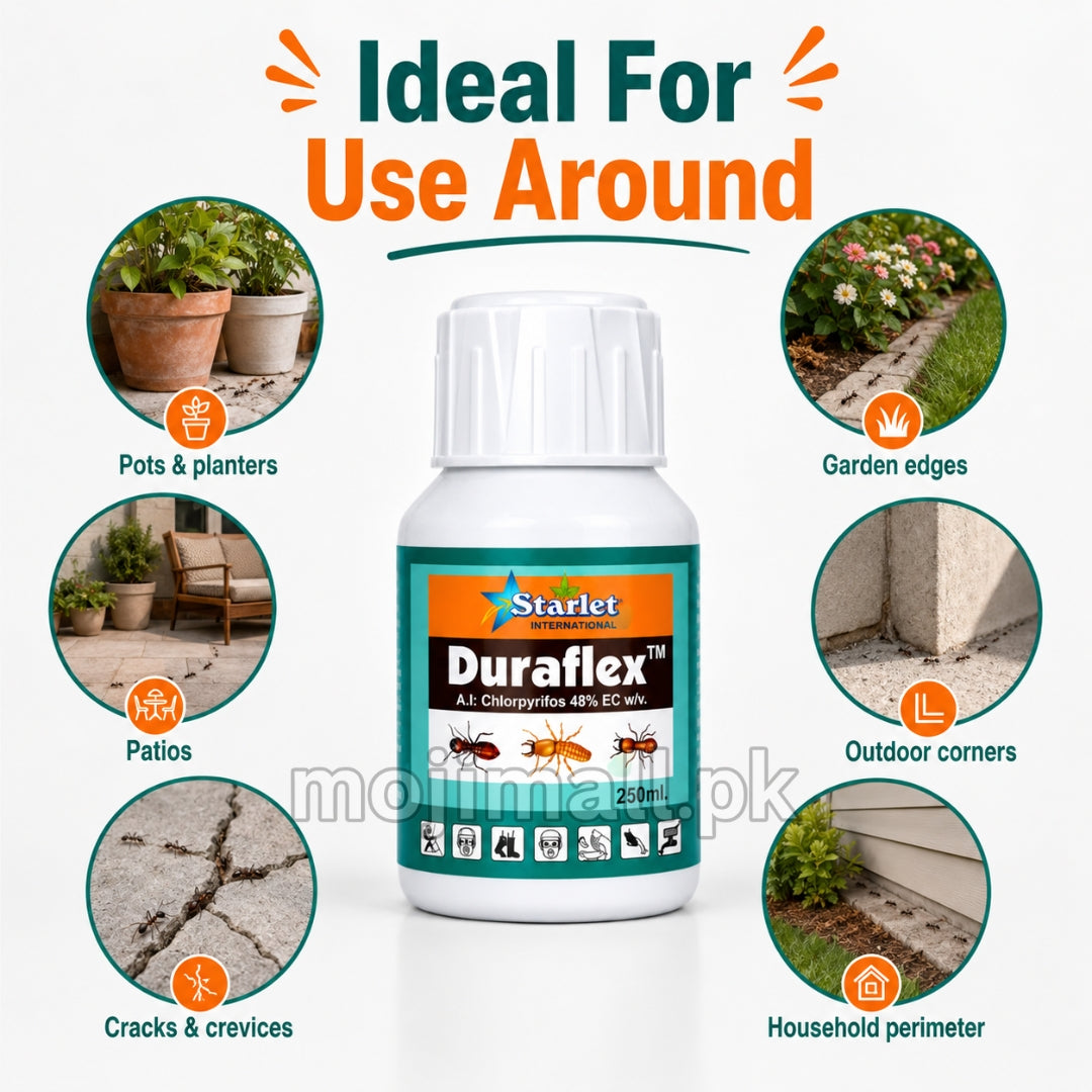 Duraflex Chlorpyrifos 48% EC insecticide for controlling termites and other insect pests in Pakistan by Moji Mall.