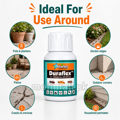 Duraflex Chlorpyrifos 48% EC insecticide for controlling termites and other insect pests in Pakistan by Moji Mall.