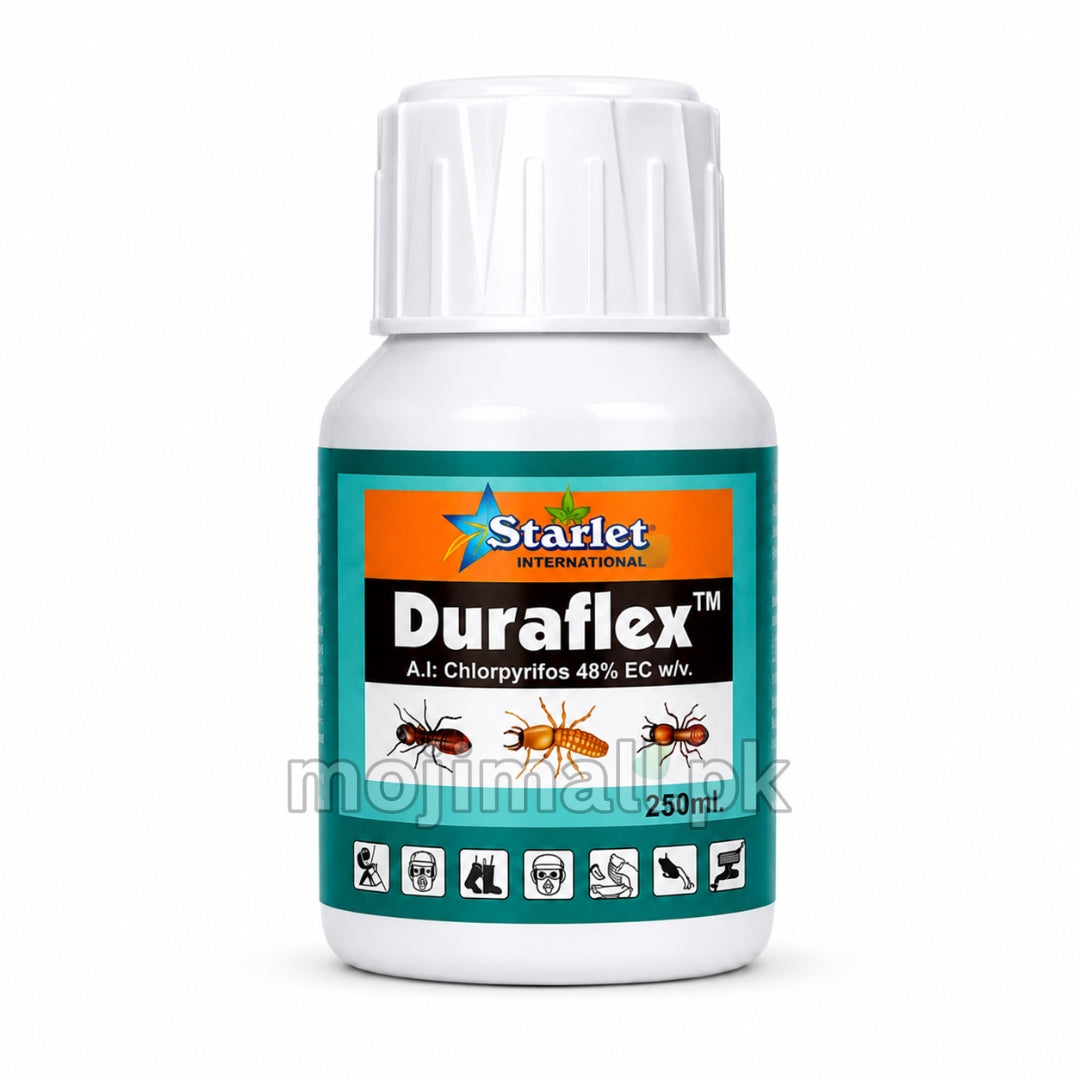 Duraflex Chlorpyrifos 48% EC insecticide in a 250ml bottle for insect pest control in Pakistan by Moji Mall.