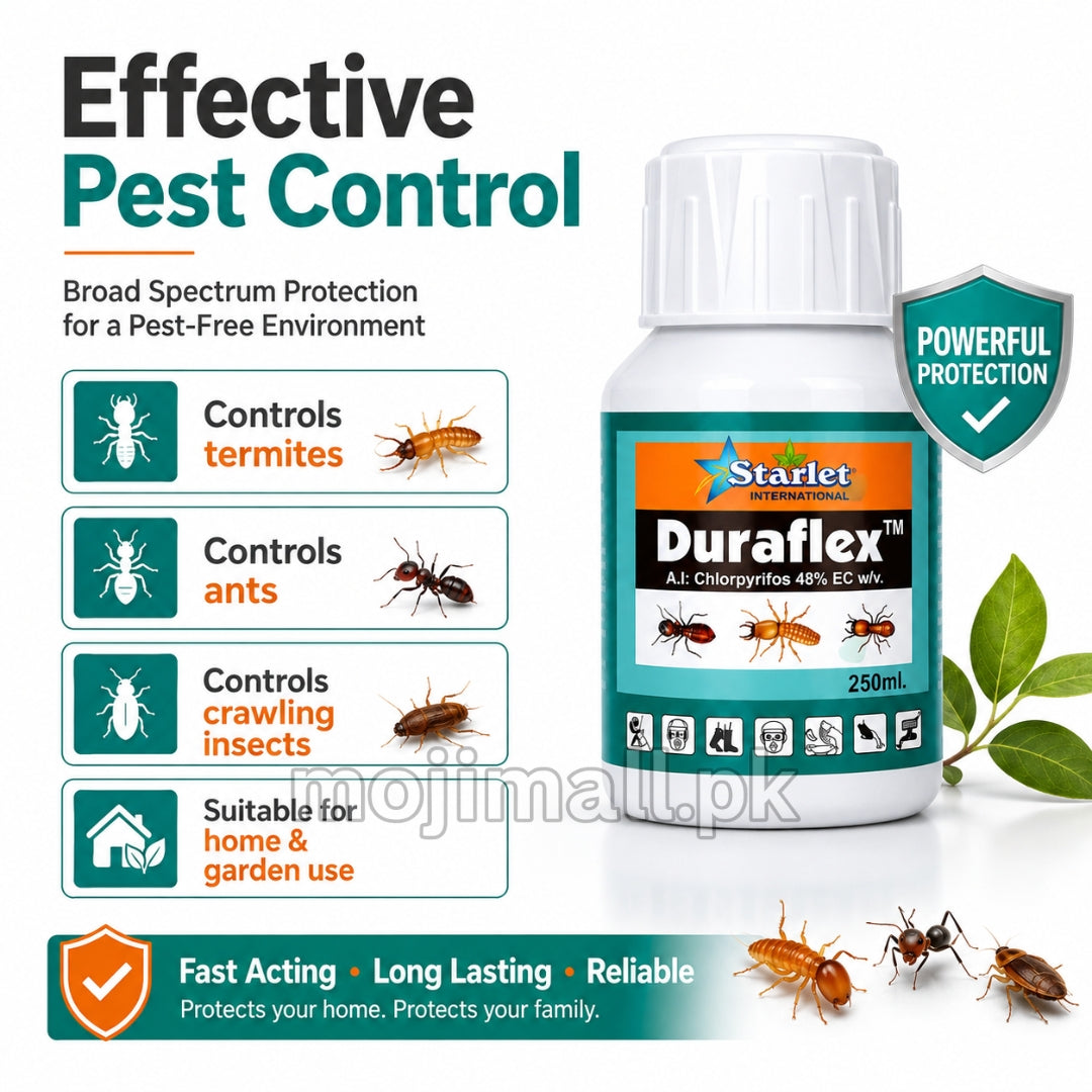 Duraflex insecticide containing Chlorpyrifos 48% EC for termite and insect control in Pakistan by Moji Mall.