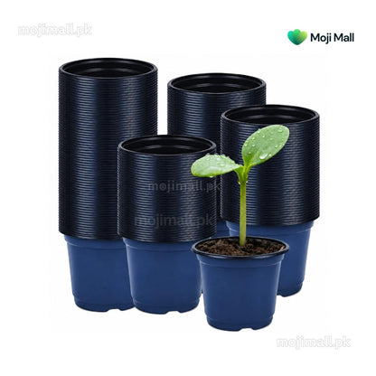 dark blue plastic nursery pots, three stacked and one in front with a small green seedling, on a white background with a Moji Mall logo.