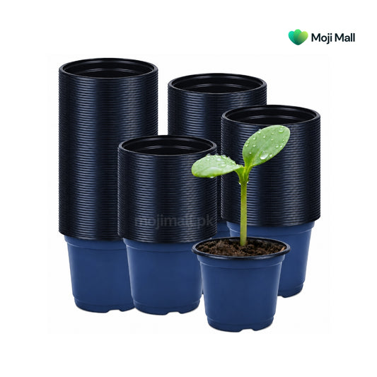 dark blue plastic nursery pots, three stacked and one in front with a small green seedling, on a white background with a Moji Mall logo.