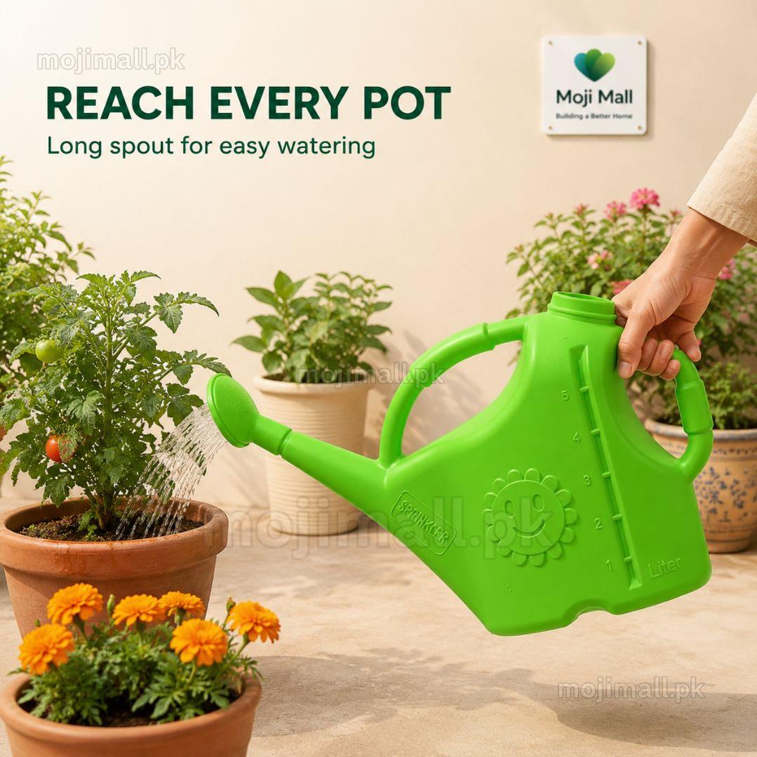 5-litre watering can with a sprinkler rose for even watering of flowers, vegetables, and potted plants in Pakistan by Moji Mall.