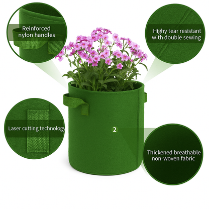 Green fabric grow bag showing details of quality and stitching