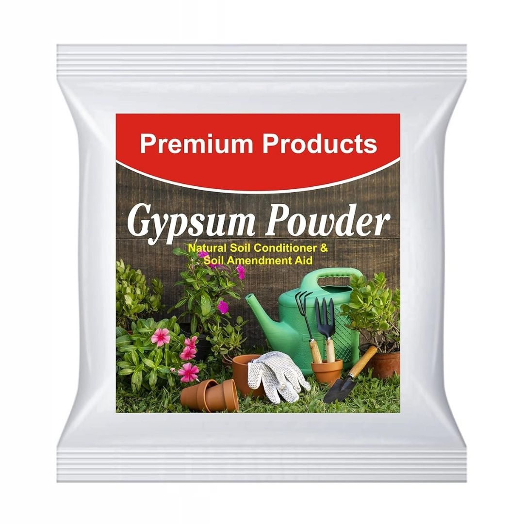 Package of gypsum powder for gardening on a white background