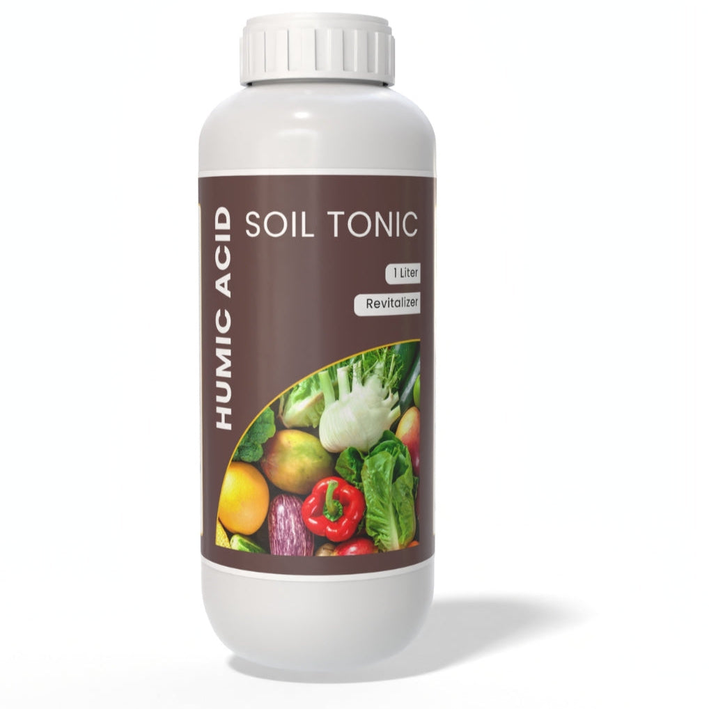 Bottle of Humic Acid Soil Tonic with vegetables on the label against a white background