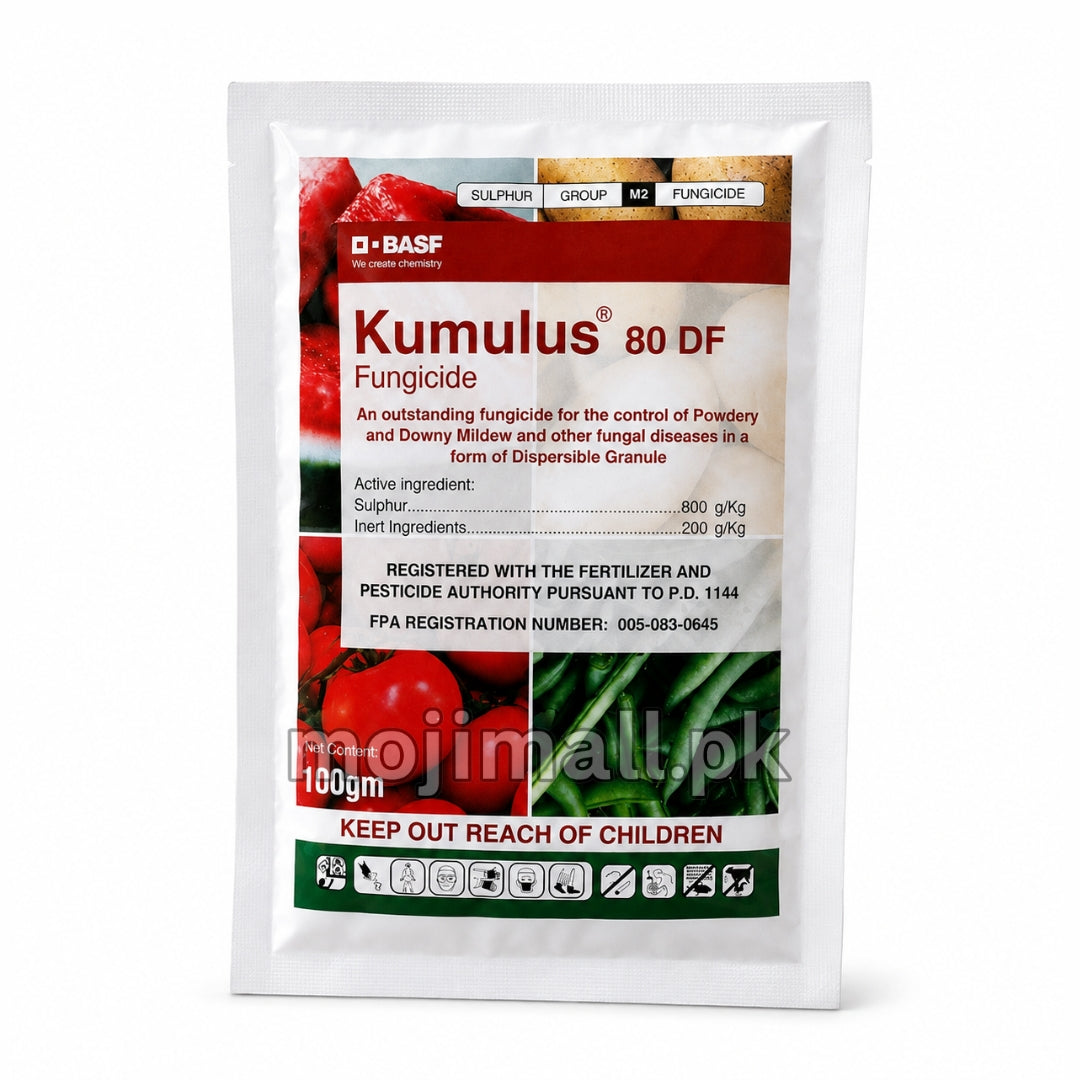 Kumulus 80 DF sulphur fungicide for controlling powdery mildew, downy mildew, and other labelled fungal diseases in Pakistan by Moji Mall.
