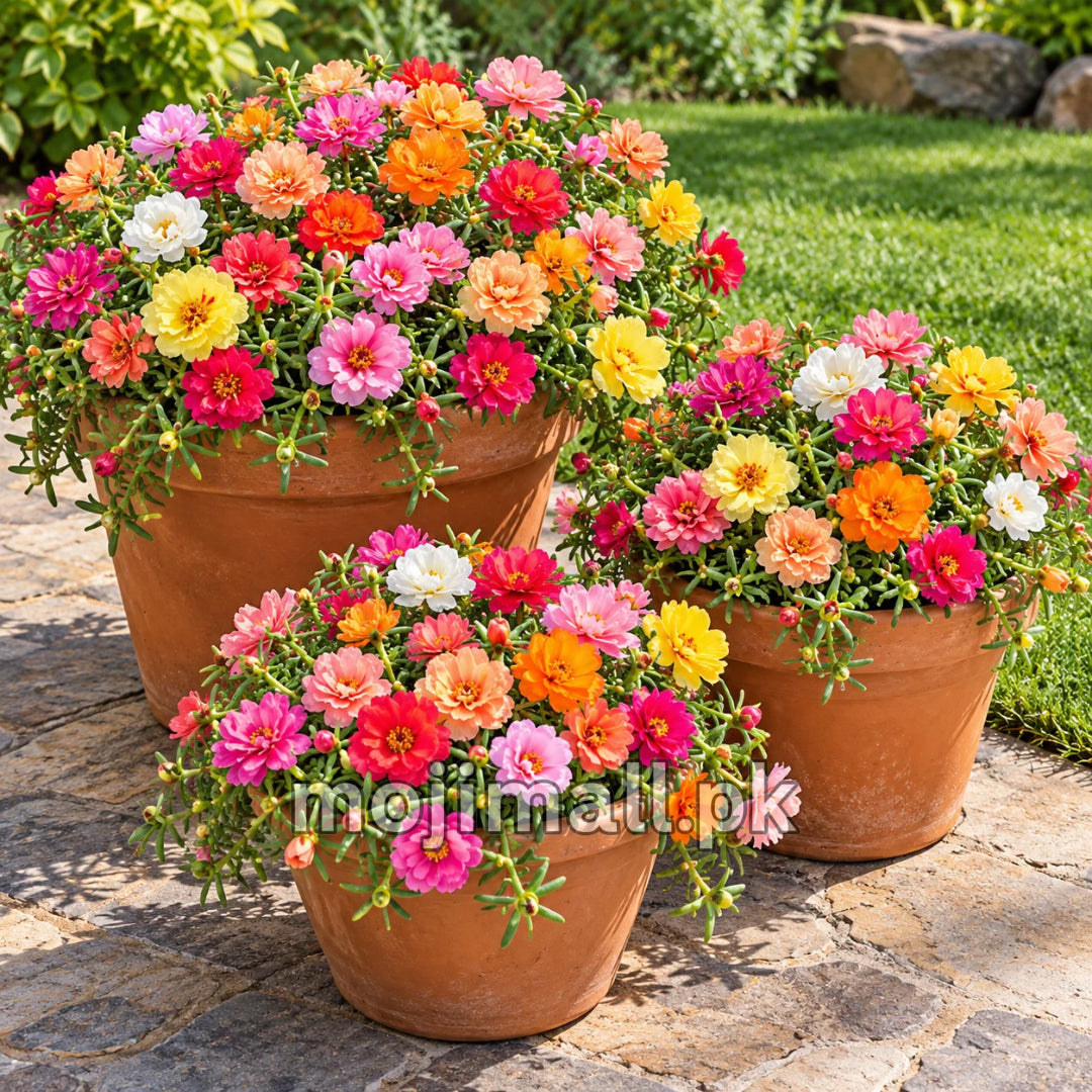 Three terracotta pots overflow with colourful double Portulaca blooms in Moji Mall’s flower seed range for Pakistan