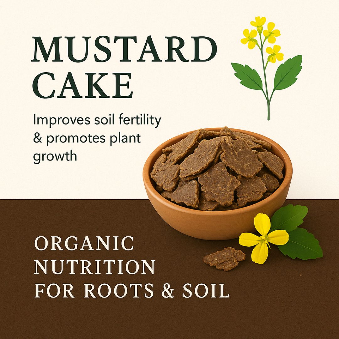 Bowl of mustard cake with text about improving soil fertility and promoting plant growth.