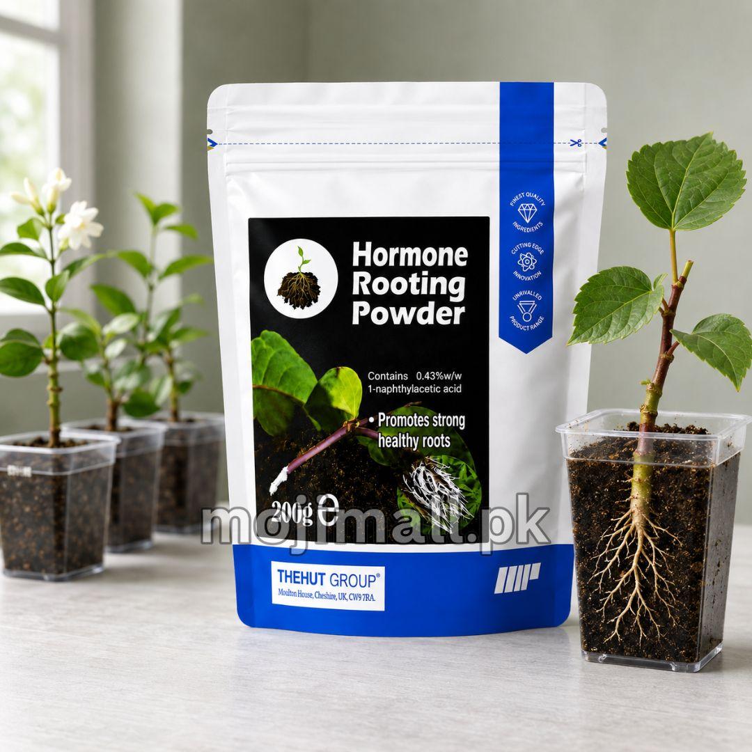 Rooting hormone powder applied to plant cuttings to encourage root development during propagation in Pakistan by Moji Mall.