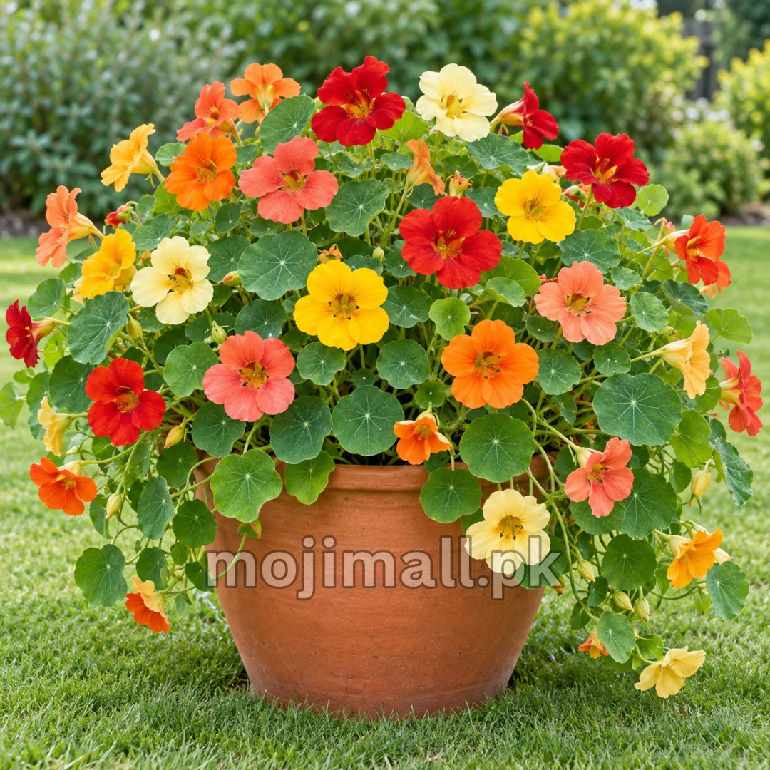 Nasturtium Carnival Mix blooming with red, orange, yellow, cream, and salmon flowers from flower seeds in Pakistan by Moji Mall.