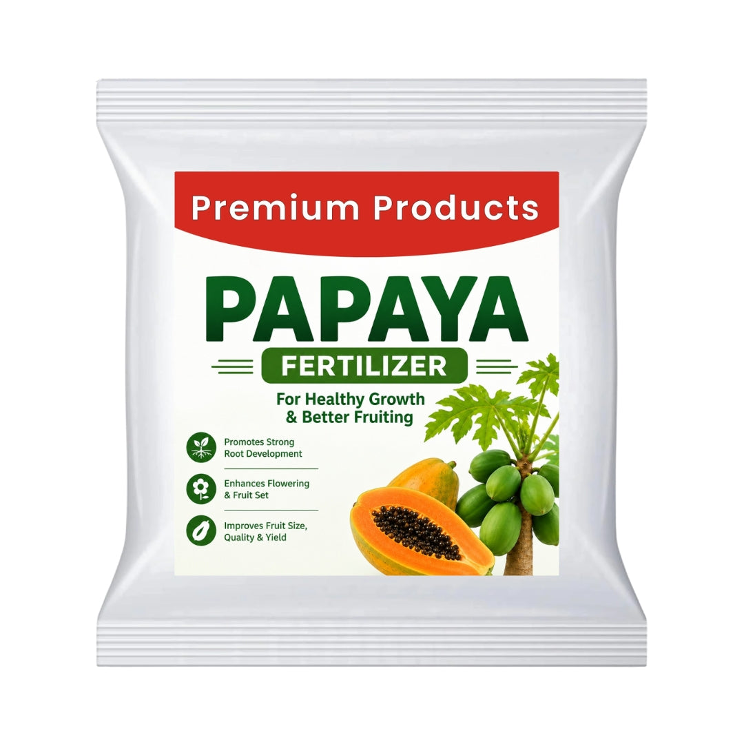 Papaya fertilizer package with images of papayas and a tree on a white background