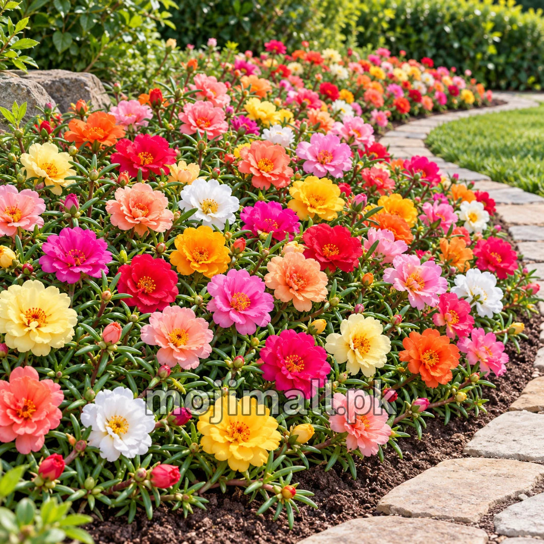 A stone-edged border of mixed Portulaca flowers illustrates the moss rose seeds offered by Moji Mall in Pakistan
