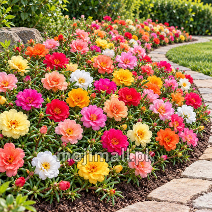 A stone-edged border of mixed Portulaca flowers illustrates the moss rose seeds offered by Moji Mall in Pakistan