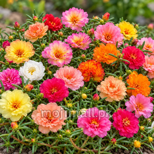 Moji Mall’s Portulaca seed listing in Pakistan shows double pink, red, peach, yellow and white Gul Dopehri blooms