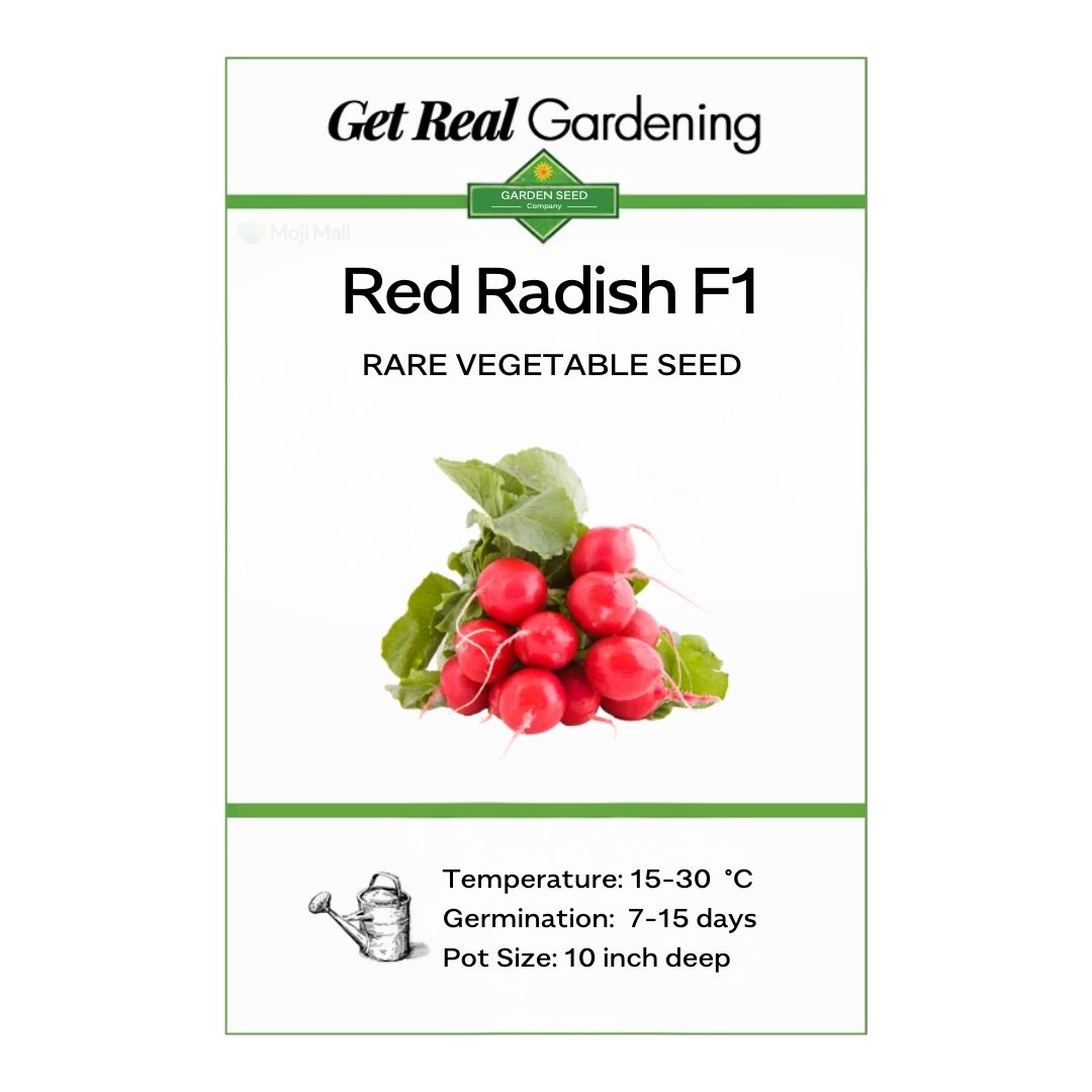 Red Radish F1 seed packet with gardening information on a white background