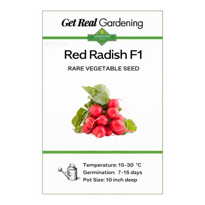 Red Radish F1 seed packet with gardening information on a white background