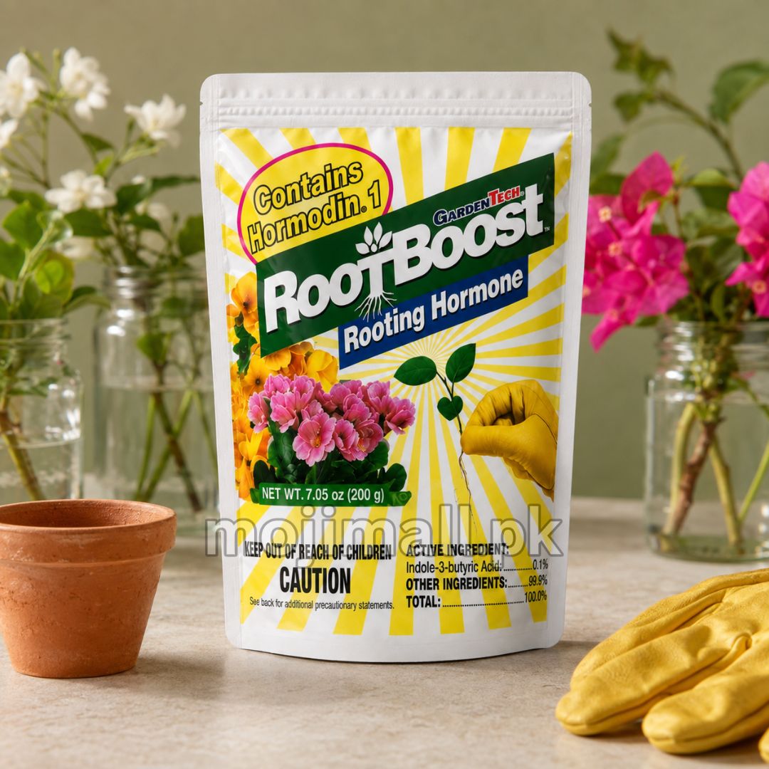 RootBoost plant rooting powder for propagating flowers, ornamentals, shrubs, and other suitable plants in Pakistan by Moji Mall.