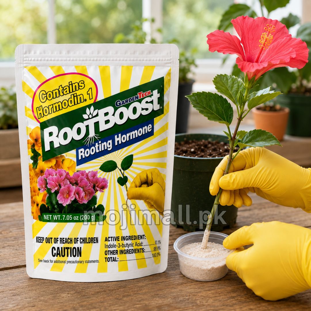 RootBoost rooting hormone powder for encouraging root formation on suitable plant cuttings in Pakistan by Moji Mall.