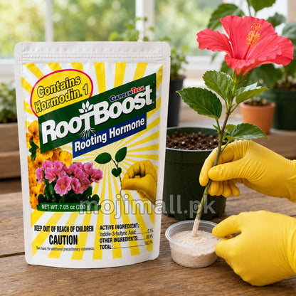 RootBoost rooting hormone powder for encouraging root formation on suitable plant cuttings in Pakistan by Moji Mall.