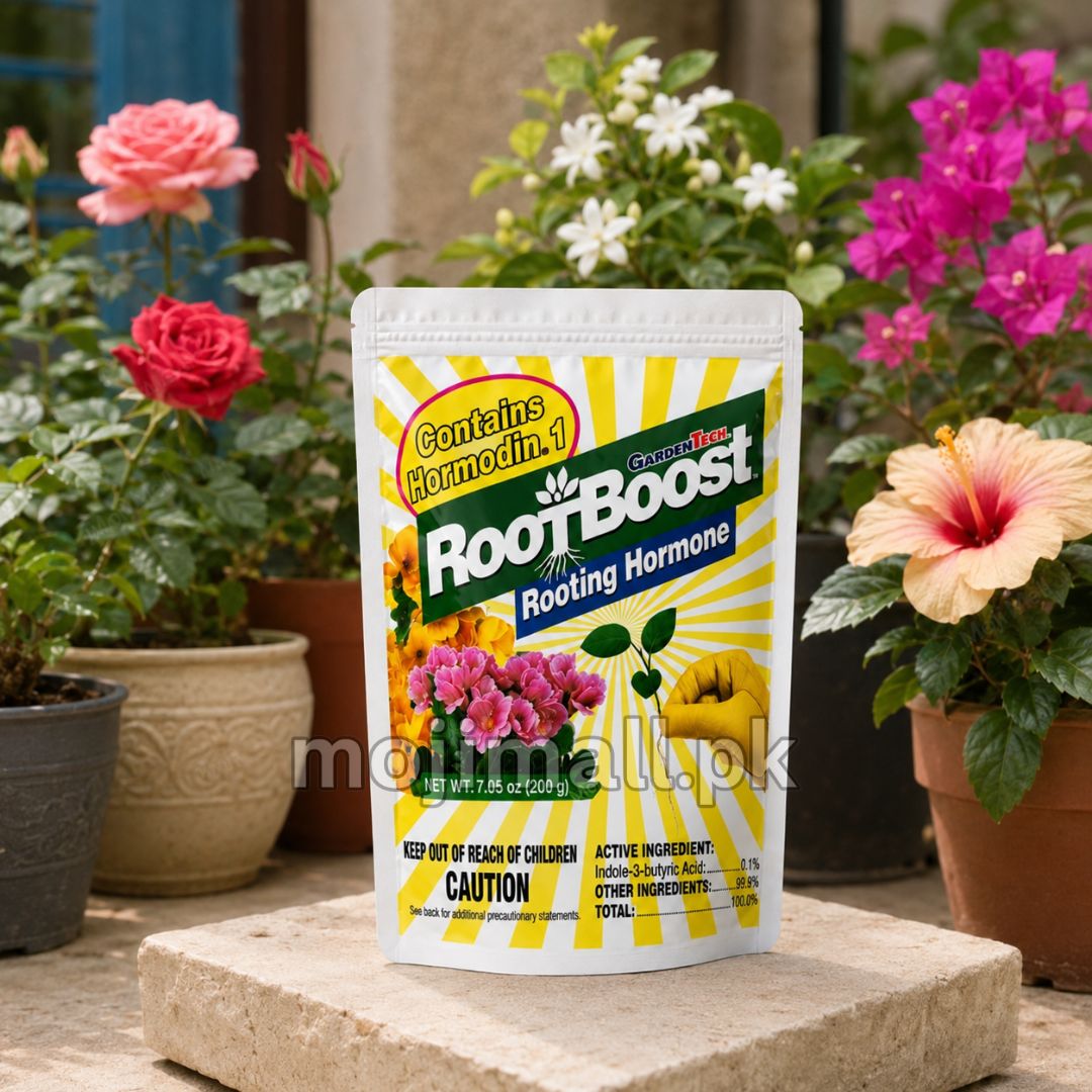 RootBoost rooting powder applied to suitable plant cuttings to encourage root development in Pakistan by Moji Mall.