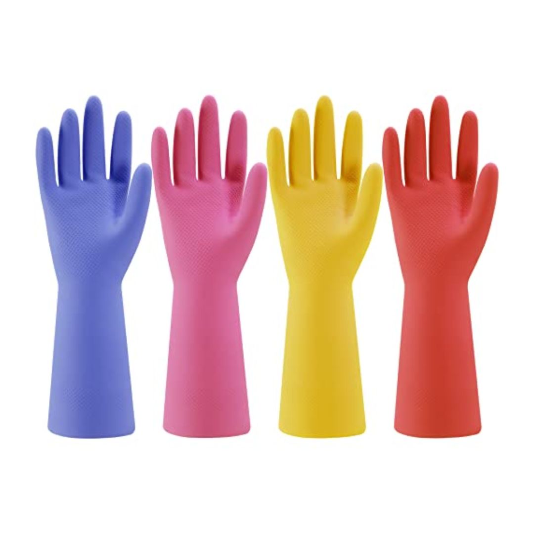 Four colorful rubber gloves (blue, pink, yellow, red) on a white background