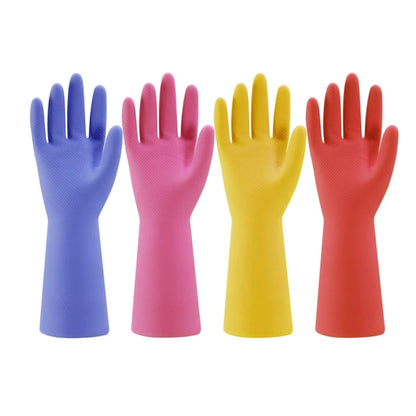 Four colorful rubber gloves (blue, pink, yellow, red) on a white background
