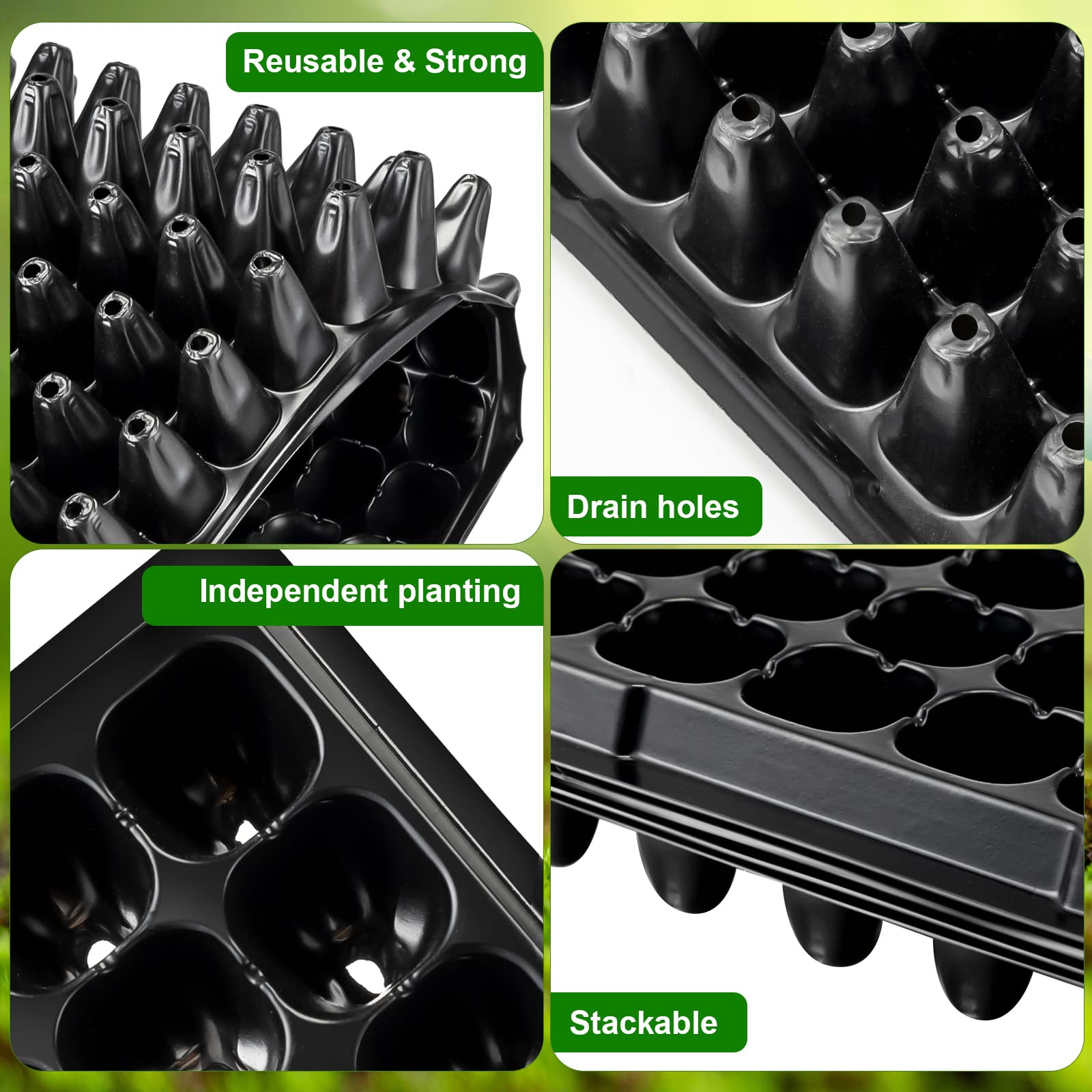 Black plastic seedling trays with features highlighted on a green background
