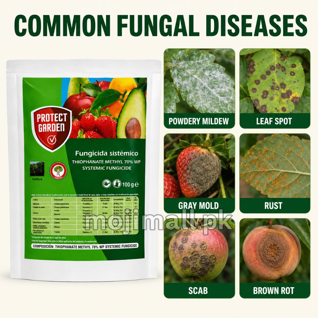 Thiophanate Methyl 70% WP systemic fungicide for controlling listed fungal diseases on garden plants in Pakistan by Moji Mall.