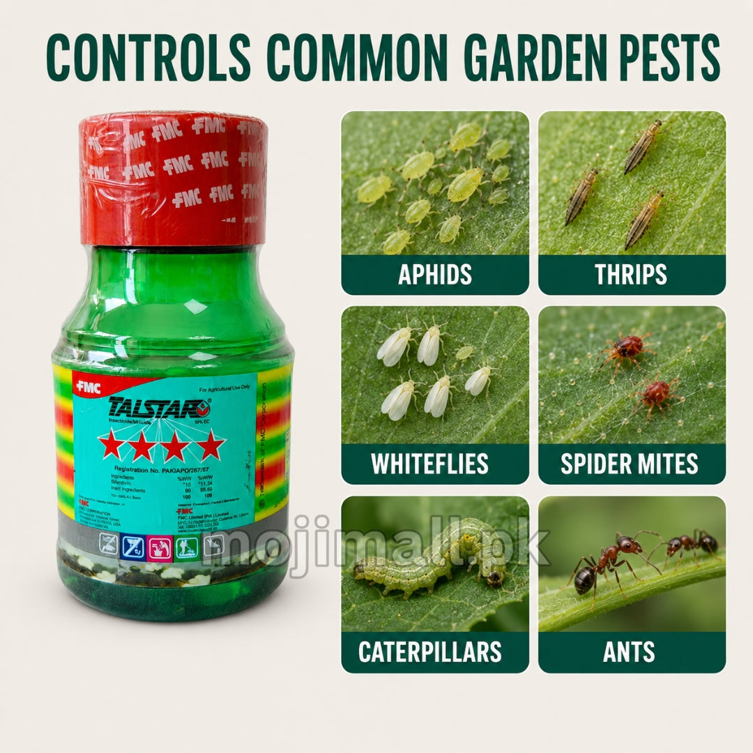 Talstar insecticide and miticide formulated with Bifenthrin for controlling listed insects and mites in Pakistan by Moji Mall.