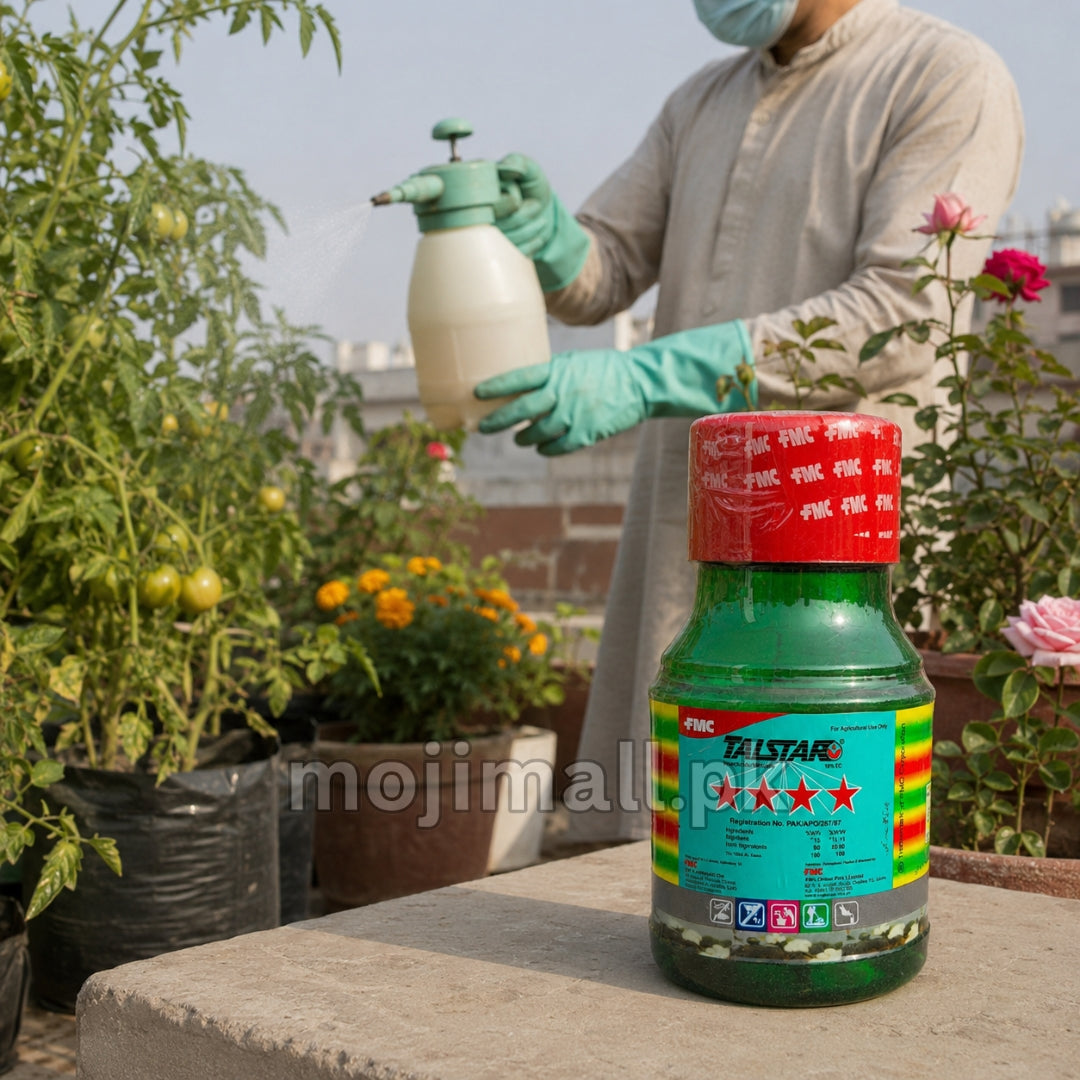 Talstar insecticide and miticide containing Bifenthrin 10% EC for control of listed insect and mite pests in Pakistan by Moji Mall.