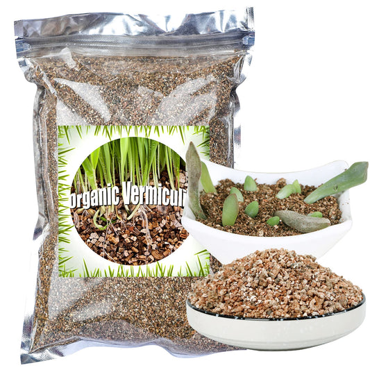 Bag of organic vermiculite with images of plants and vermiculite on a white background